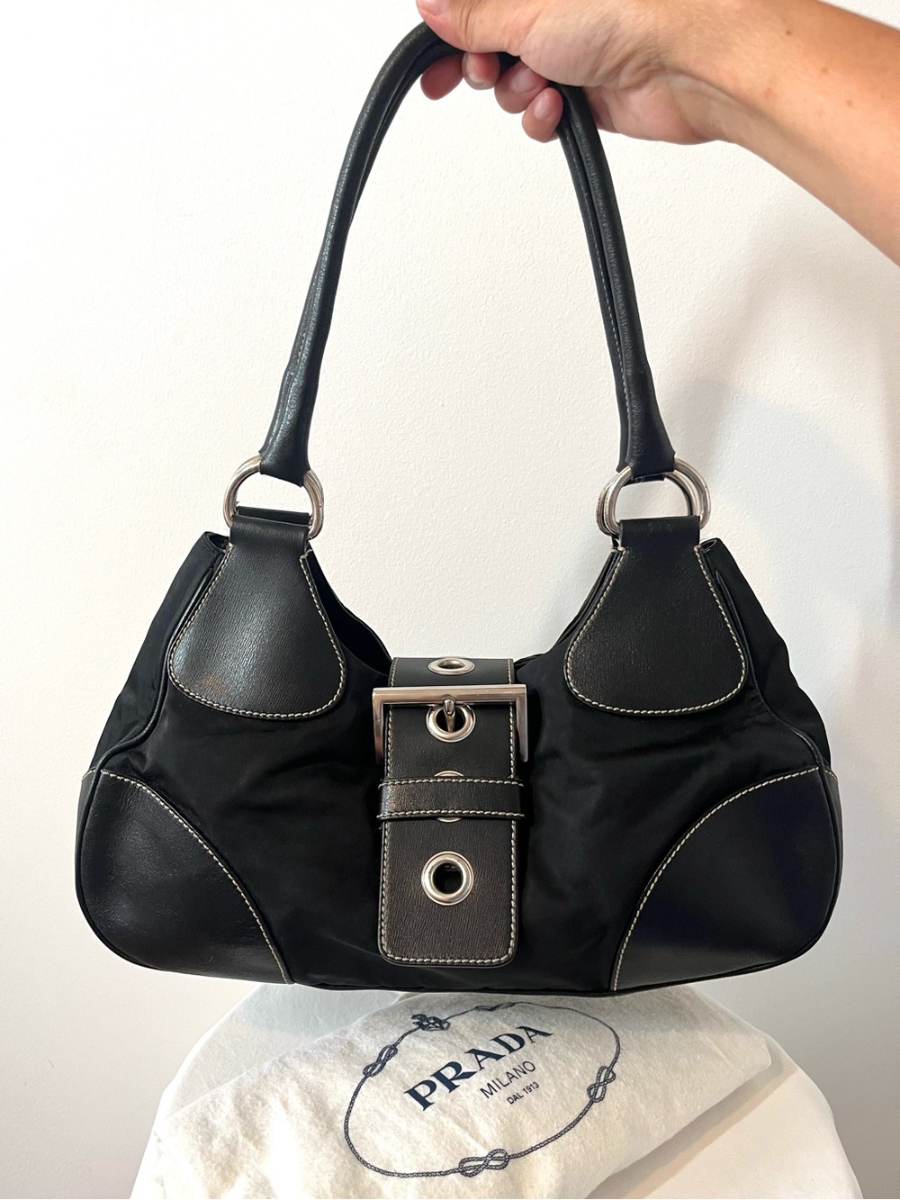 Vintage Prada Moon Bag in Black Nylon with Buckle Detail - Authentic